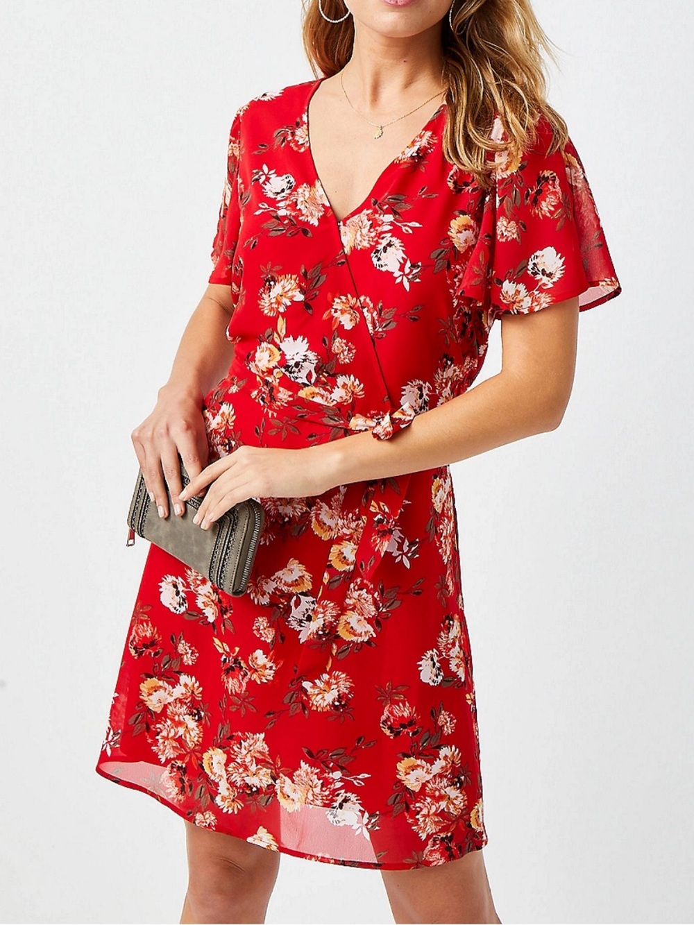 Maurices Mini Dress Small Red Wrap Front Floral Orange White Flutter Sleeves Tie